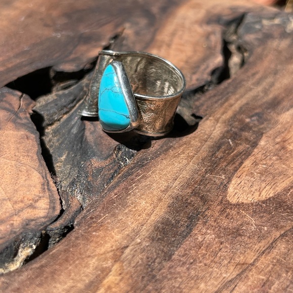 Vintage HOB Mexico Sterling Silver Turquoise Wrap Bypass Southwestern Ring, 8.5 - Picture 2 of 7